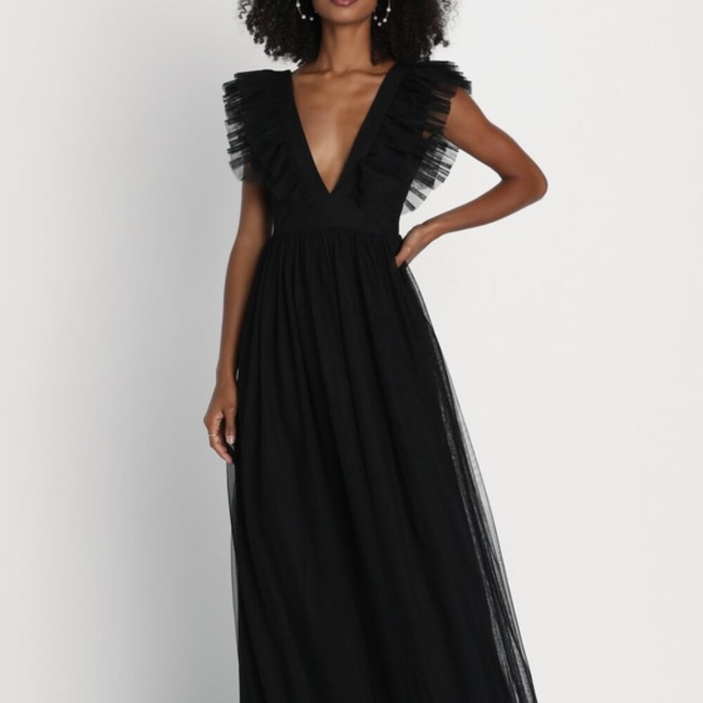 Lulus Simply Delighted Black Mesh Ruffled Backless Maxi Dress - Size M